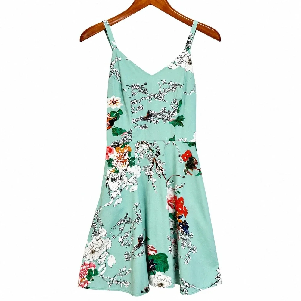 Mint Green Floral Bird Print A-Line Mini Dress with Pockets and Smocked Back M